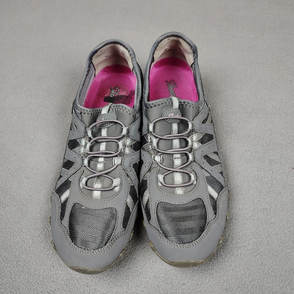 Skechers Biker Shoe Women Sz 9 Gray Pink Leather Bungee Slip On Sneaker Walking - Picture 2 of 9